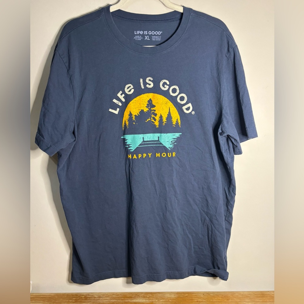 Life Is Good Happy Hour Gray T-Shirt with Sunset Graphic‎ Mens XL